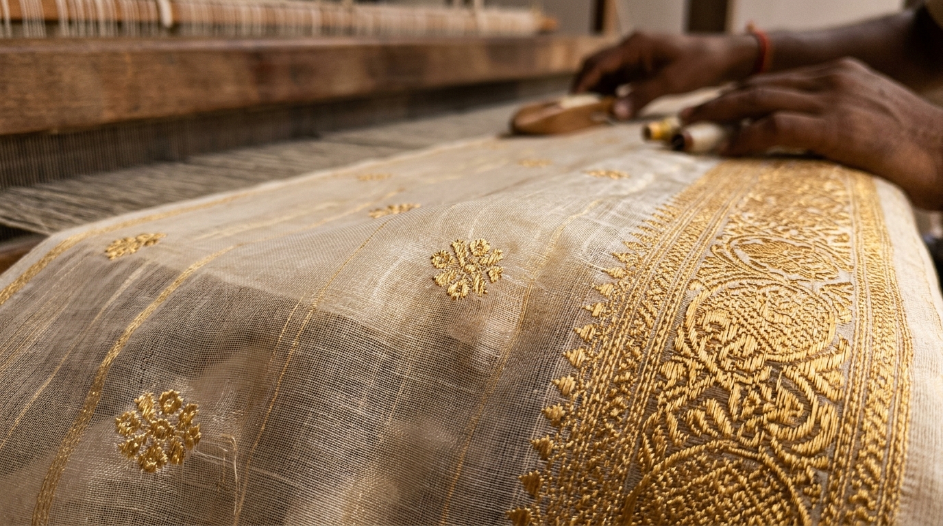 Pure Gold Tested Zari Booti and Gossamer Tissue Silk Texture of Authentic Chanderi Saree