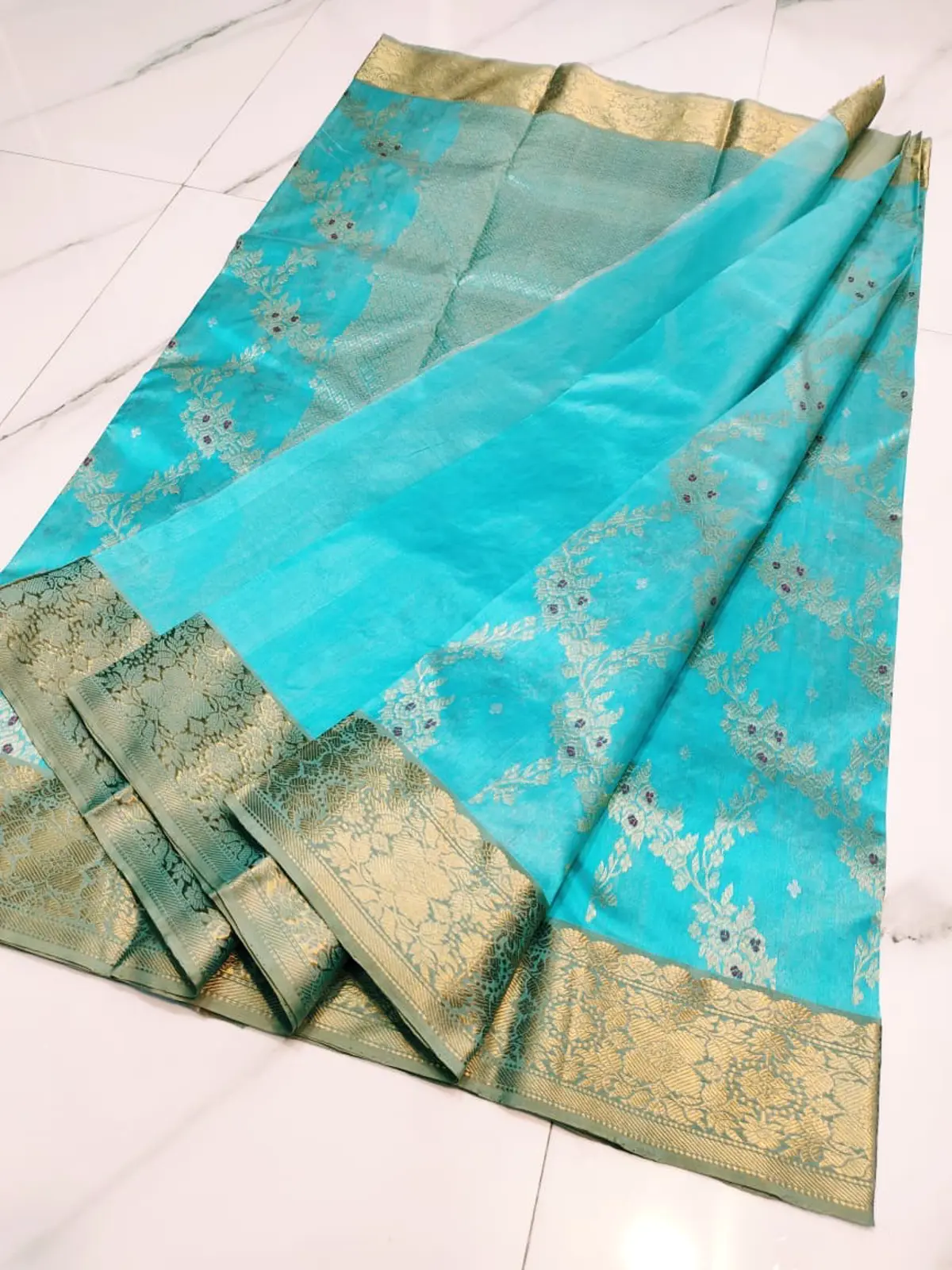 Handwoven Aqua Blue Aqua Blue Pattu Silk Saree - Authentic Chanderi Silk Saree Chanderi Saree - View 2