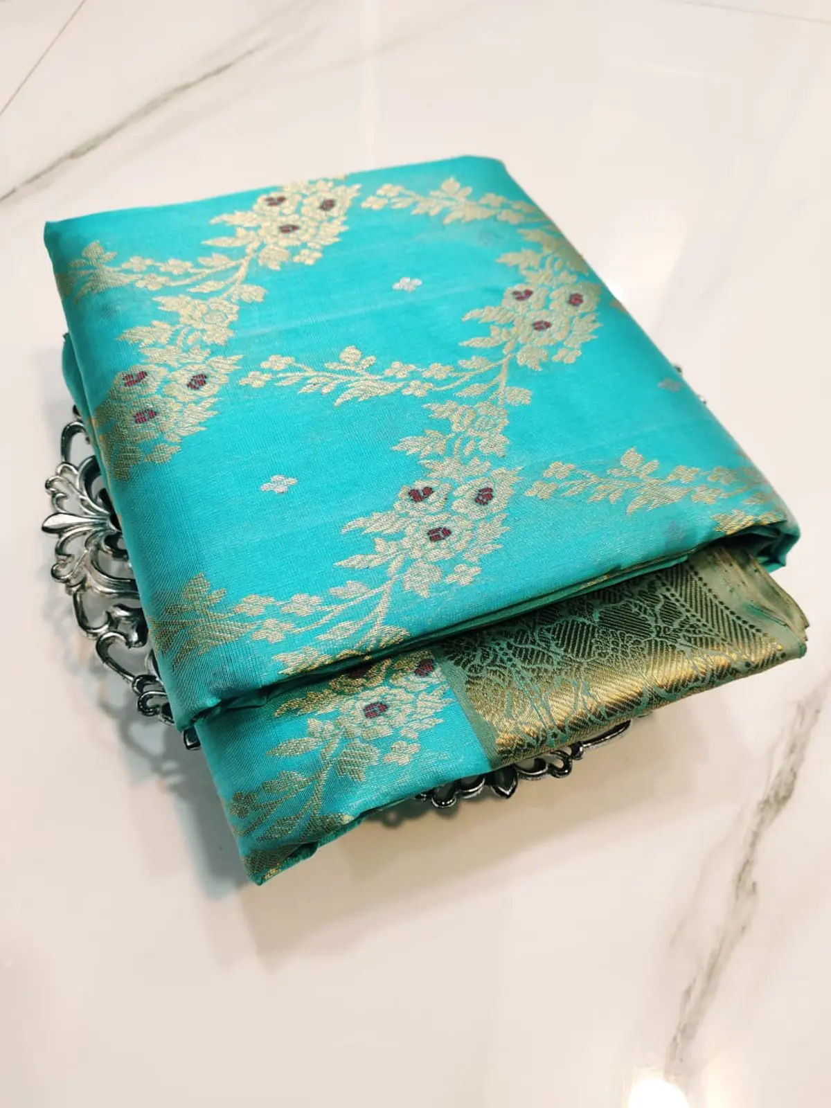 Handwoven Aqua Blue Aqua Blue Pattu Silk Saree - Authentic Chanderi Silk Saree Chanderi Saree - View 3