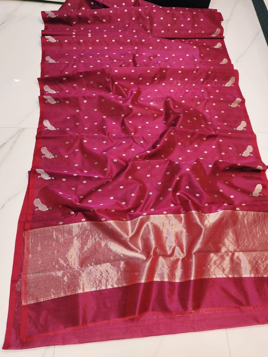 Handwoven Maroon Deep Maroon with Silver Peacock Motifs and Silver Zari Border Chanderi Pattu Silk Saree - Authentic Chanderi silk sarees Chanderi Saree