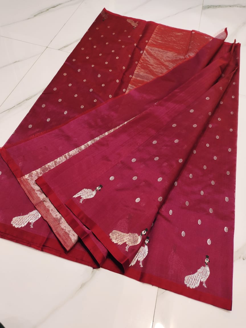 Handwoven Maroon Deep Maroon with Silver Peacock Motifs and Silver Zari Border Chanderi Pattu Silk Saree - Authentic Chanderi silk sarees Chanderi Saree - View 2