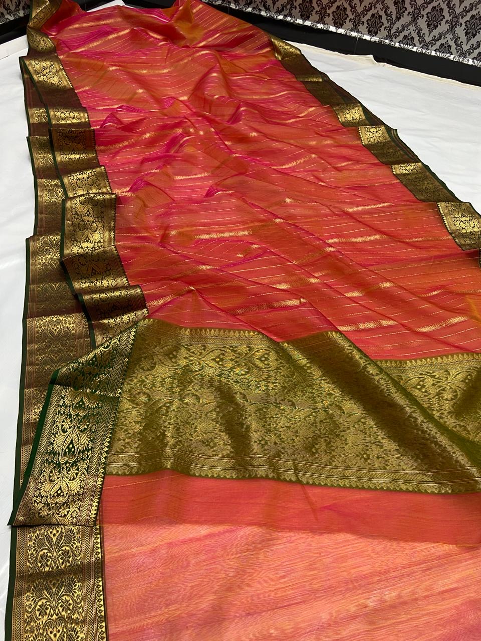 Handwoven Orange Dual-Tone Orange and Olive Green border with Zari Stripe Organza Chanderi Katan Silk Saree - Authentic Chanderi silk sarees Chanderi Saree - View 1