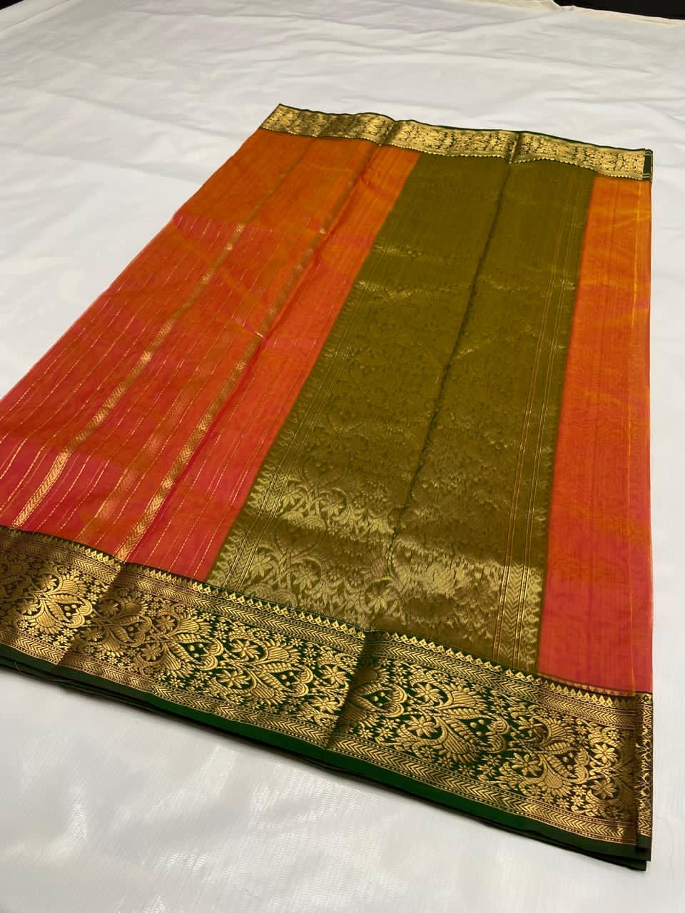 Handwoven Orange Dual-Tone Orange and Olive Green border with Zari Stripe Organza Chanderi Katan Silk Saree - Authentic Chanderi silk sarees Chanderi Saree - View 2