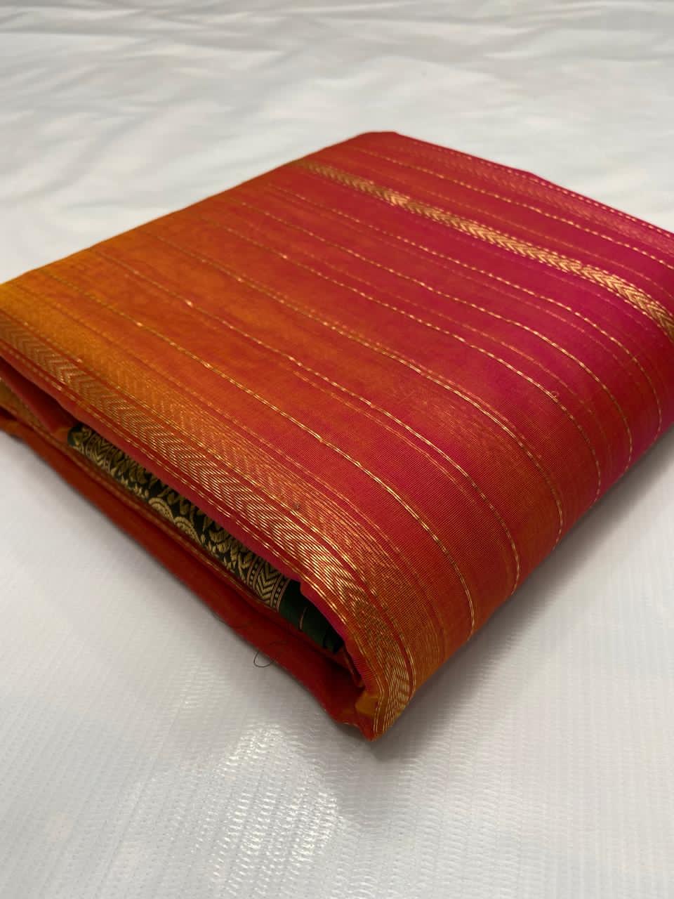 Handwoven Orange Dual-Tone Orange and Olive Green border with Zari Stripe Organza Chanderi Katan Silk Saree - Authentic Chanderi silk sarees Chanderi Saree - View 3