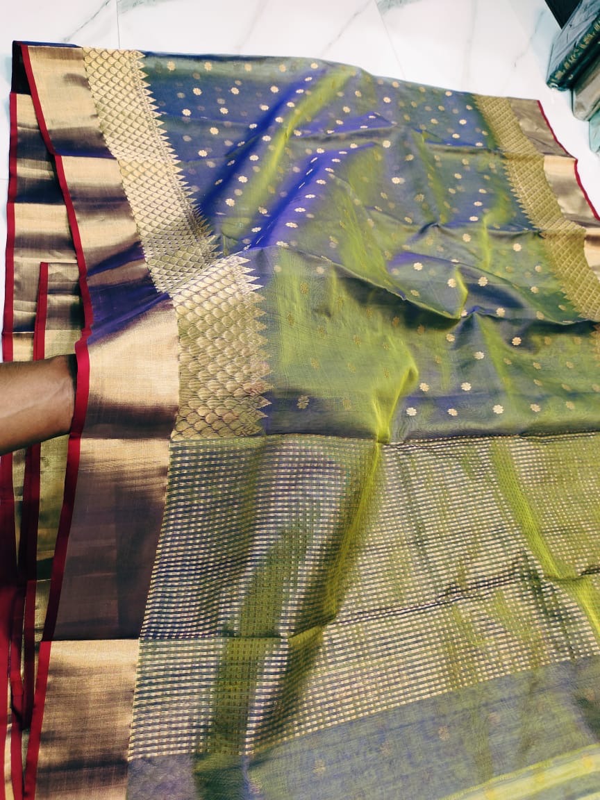 Handwoven Gold Dual tone Blue Green with Gold Zari Buttas and Fish Scale Border Organza Chanderi Katan Silk Saree - Authentic Chanderi silk sarees Chanderi Saree