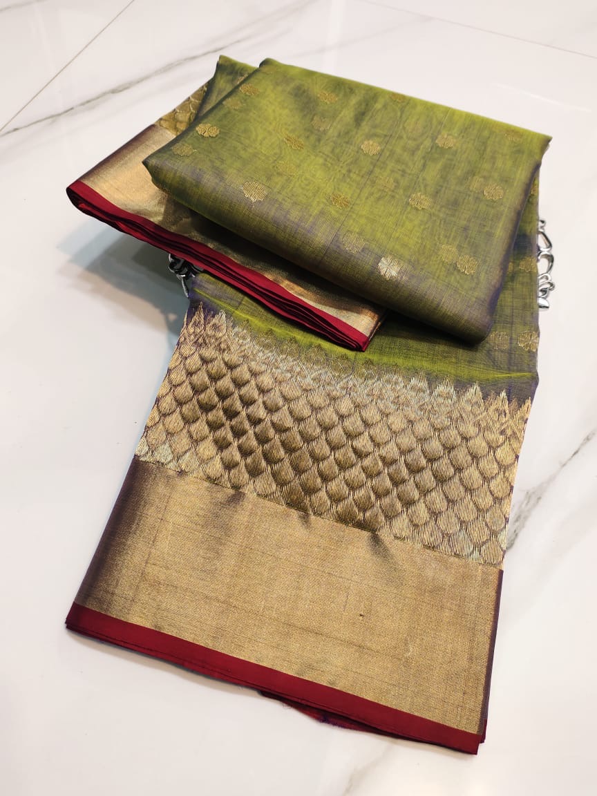 Handwoven Gold Dual tone Blue Green with Gold Zari Buttas and Fish Scale Border Organza Chanderi Katan Silk Saree - Authentic Chanderi silk sarees Chanderi Saree - View 3