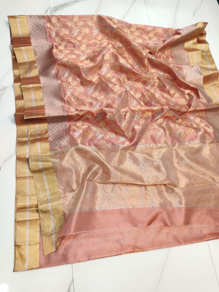 Handwoven Pink Elegant Dusty Rose Pink with Dual Zari Floral and Geometric Weaving Chanderi Pattu Silk Saree - Authentic Chanderi silk sarees Chanderi Saree - View 1