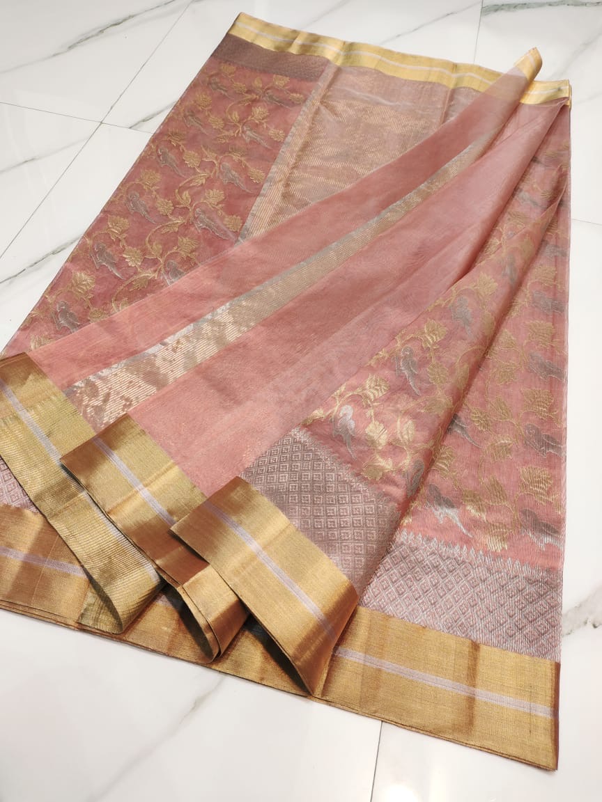 Handwoven Pink Elegant Dusty Rose Pink with Dual Zari Floral and Geometric Weaving Chanderi Pattu Silk Saree - Authentic Chanderi silk sarees Chanderi Saree - View 2