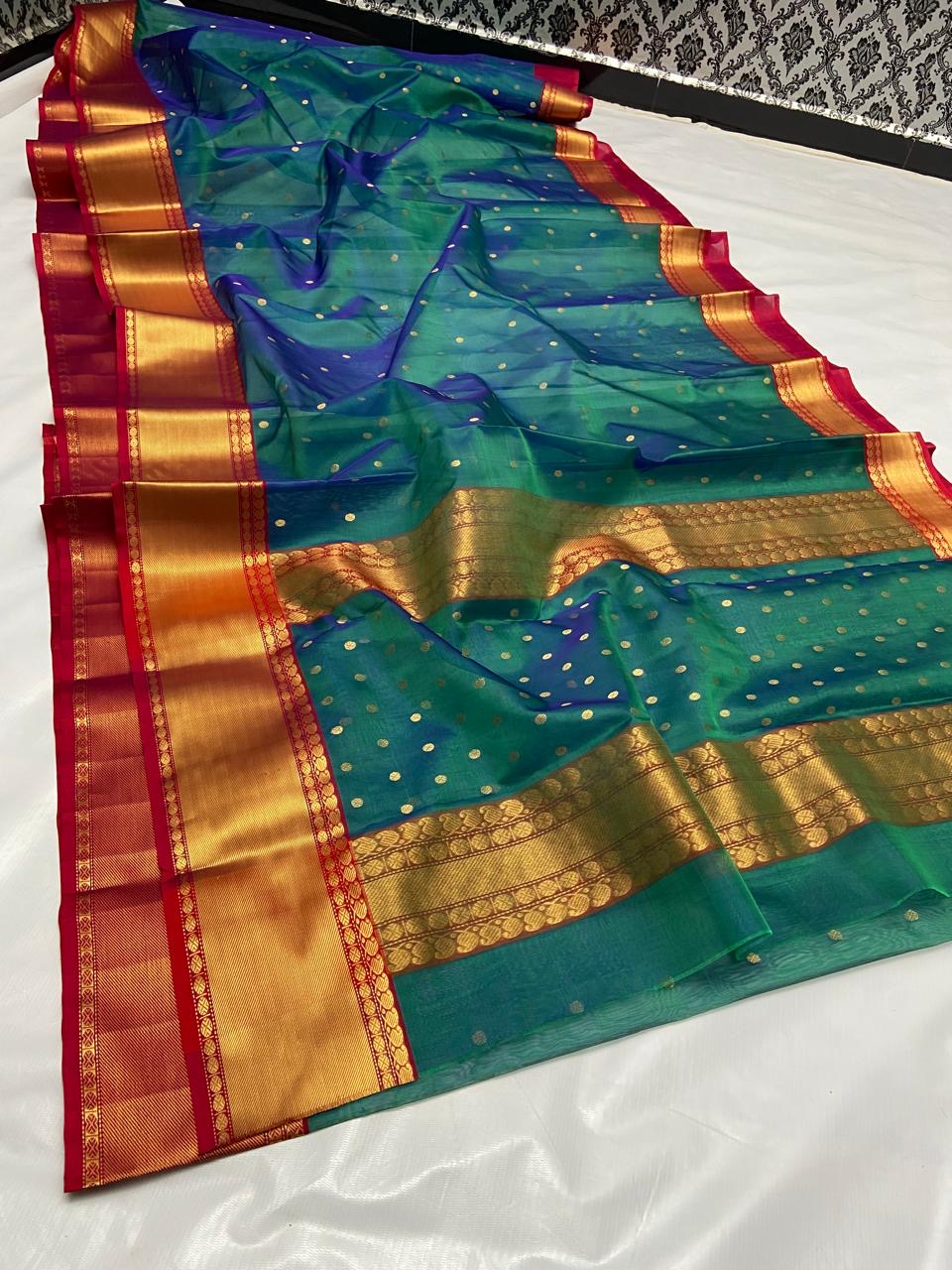 Emerald Green with Gold Zari Border and Red Contrast Organza Chanderi Katan Silk Saree - Handloom Chanderi Saree