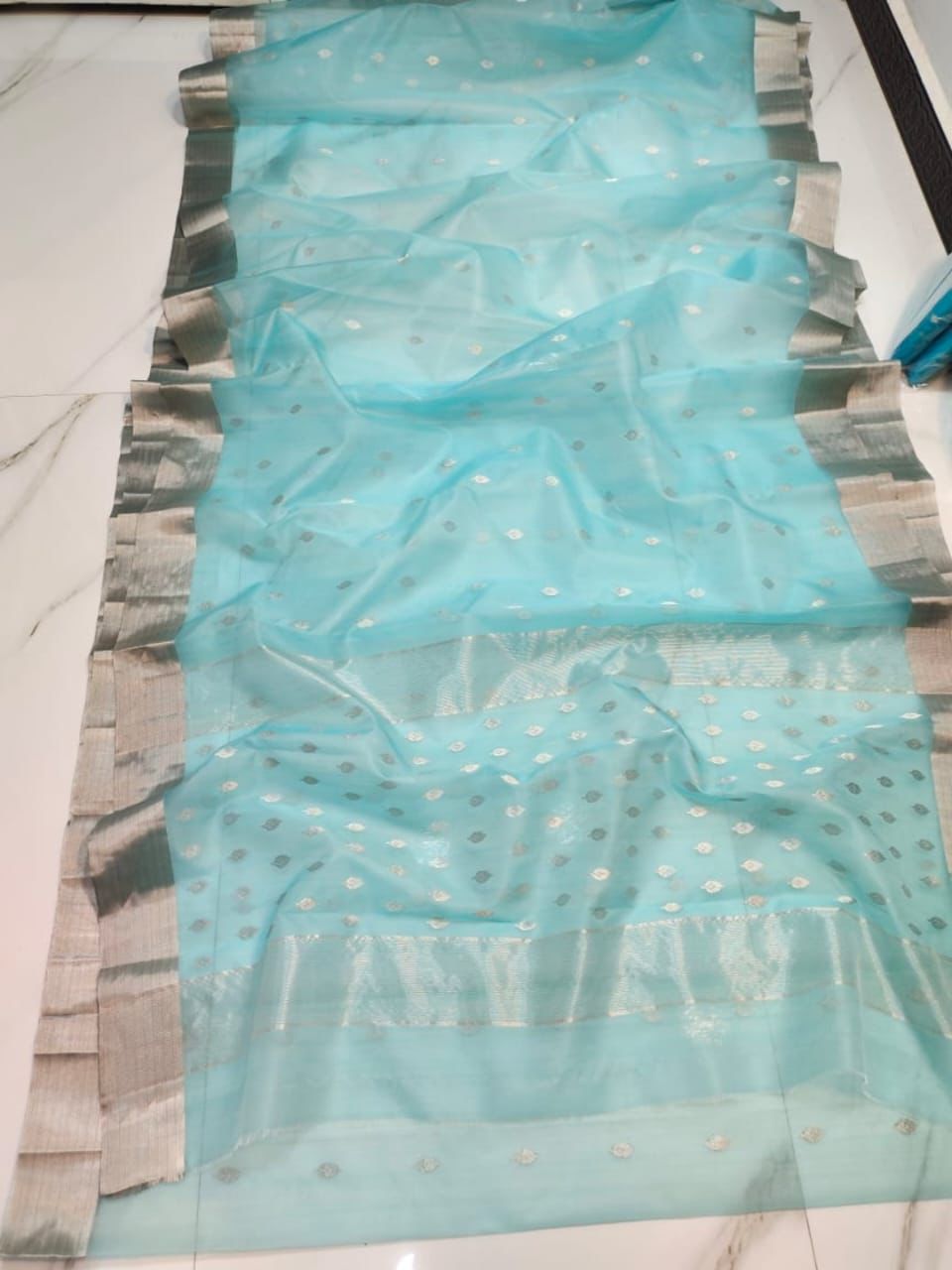 Handwoven Silver Ethereal Sky Blue with Elegant Silver Zari Buttas and Sleek Border Organza Chanderi Katan Silk Saree - Authentic Chanderi silk sarees Chanderi Saree - View 1