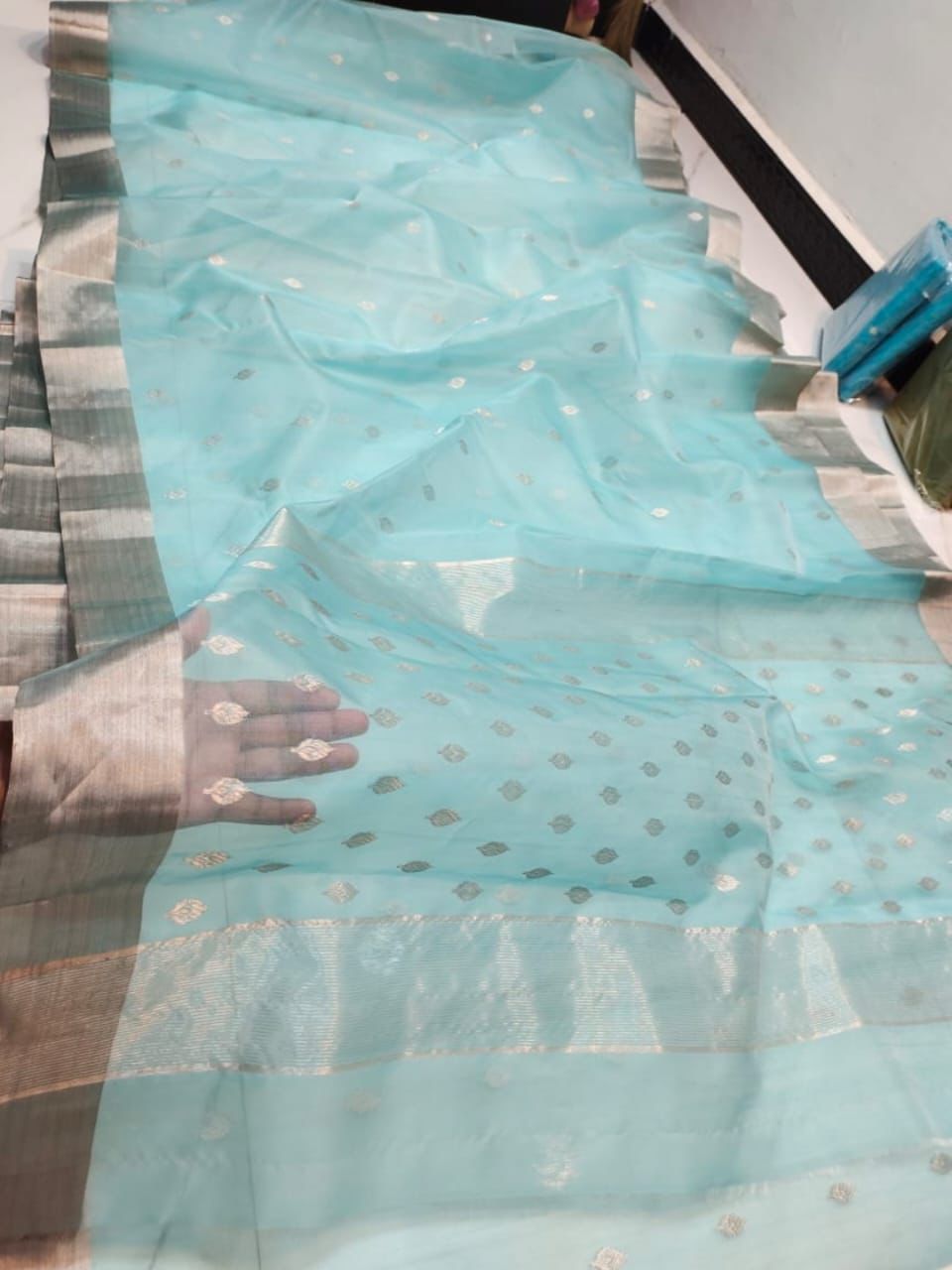 Handwoven Silver Ethereal Sky Blue with Elegant Silver Zari Buttas and Sleek Border Organza Chanderi Katan Silk Saree - Authentic Chanderi silk sarees Chanderi Saree - View 2