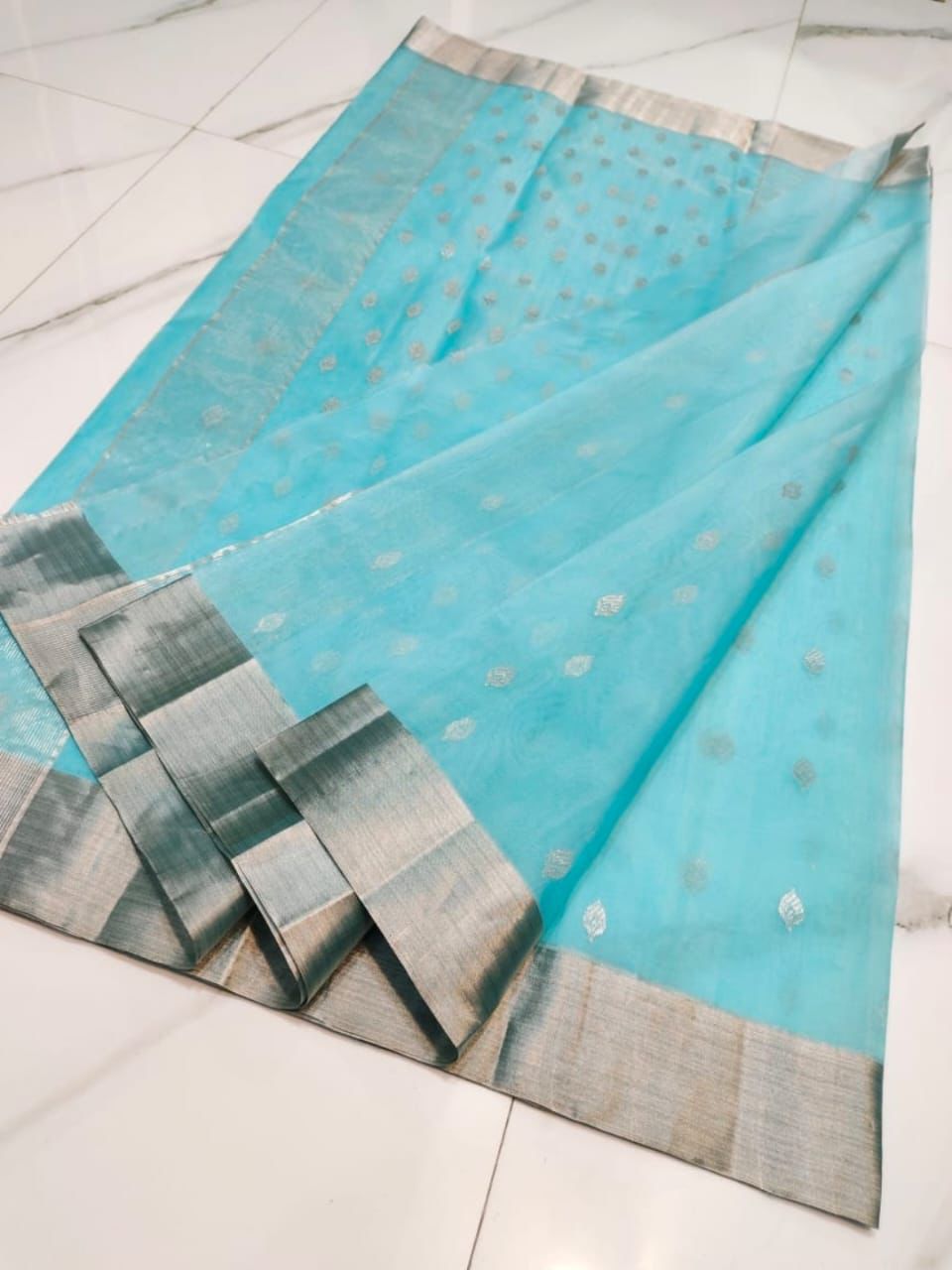 Handwoven Silver Ethereal Sky Blue with Elegant Silver Zari Buttas and Sleek Border Organza Chanderi Katan Silk Saree - Authentic Chanderi silk sarees Chanderi Saree - View 3