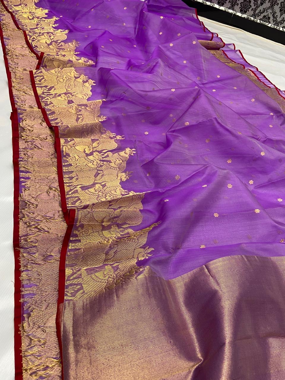 Handwoven Gold Lavender Pure Silk Saree with Rich Gold Zari Organza Chanderi Katan Silk Saree - Authentic Chanderi silk sarees Chanderi Saree - View 1