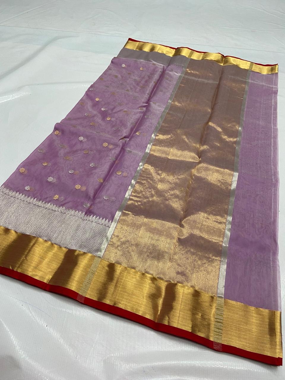 Handwoven Silver Lavender with Gold and Silver Zari Border Organza Chanderi Katan Silk Saree - Authentic Chanderi silk sarees Chanderi Saree - View 2