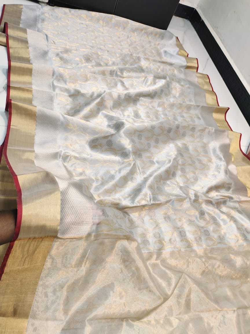 Light Grey with Gold Zari Work and Border Chanderi Pattu Silk Saree - Handloom Chanderi Saree