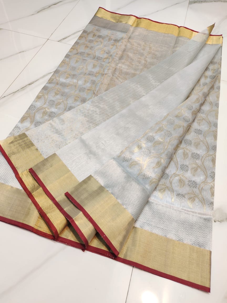 Handwoven Grey Light Grey with Gold Zari Work and Border Chanderi Pattu Silk Saree - Authentic Chanderi silk sarees Chanderi Saree - View 2