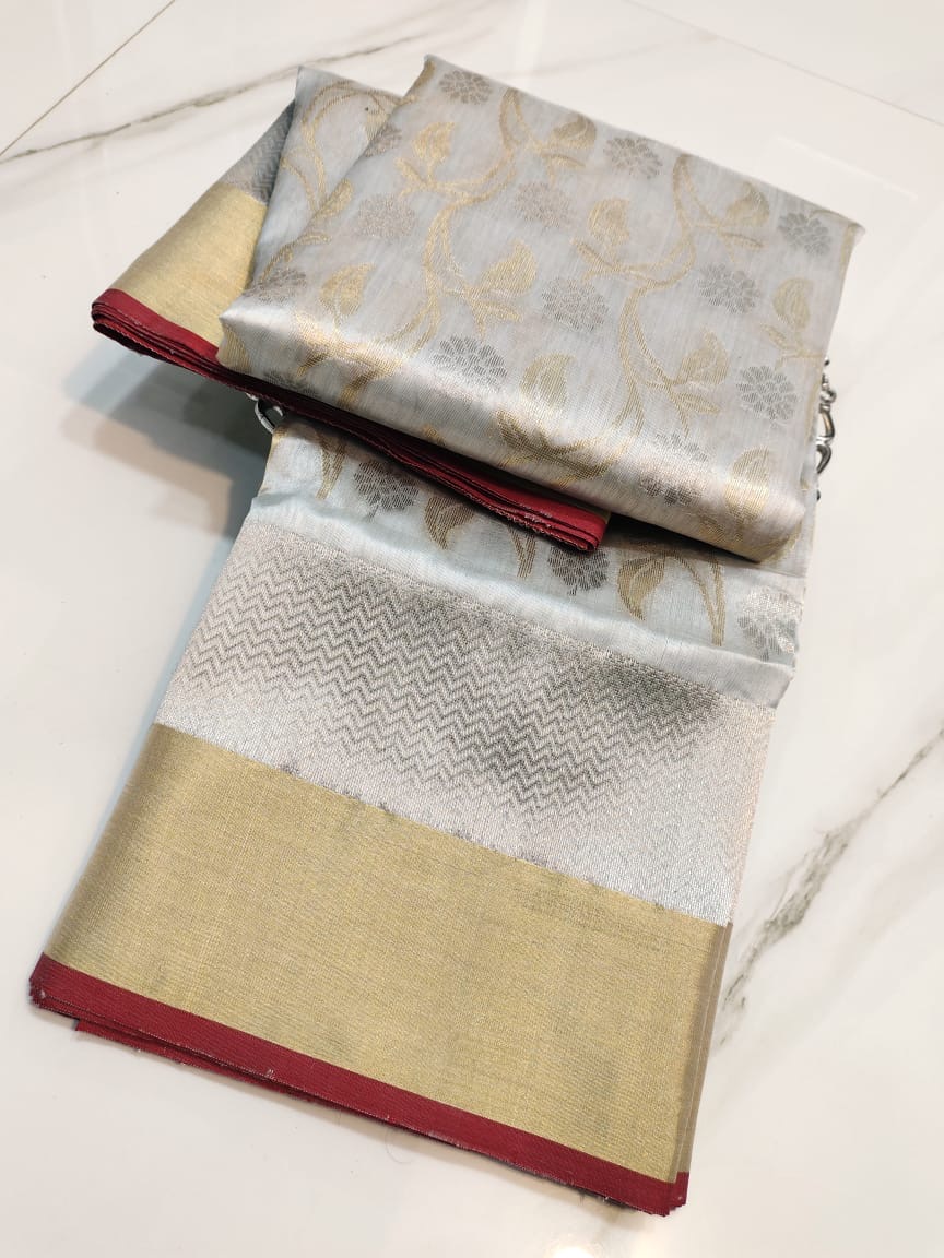 Handwoven Grey Light Grey with Gold Zari Work and Border Chanderi Pattu Silk Saree - Authentic Chanderi silk sarees Chanderi Saree - View 3