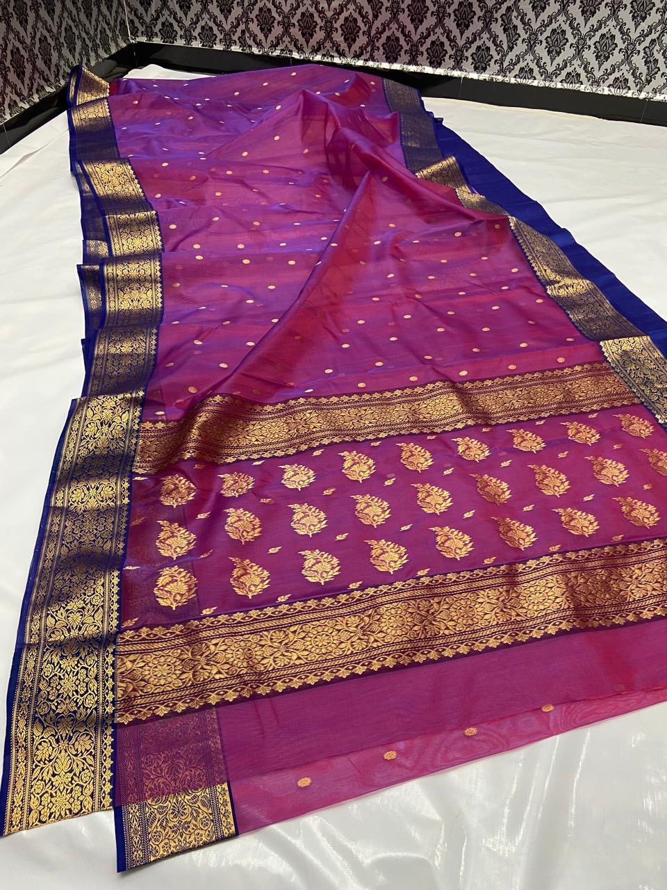 Handwoven Gold Magenta with Royal Blue and Gold Paisley Border Organza Chanderi Katan Silk Saree - Authentic Chanderi silk sarees Chanderi Saree - View 1