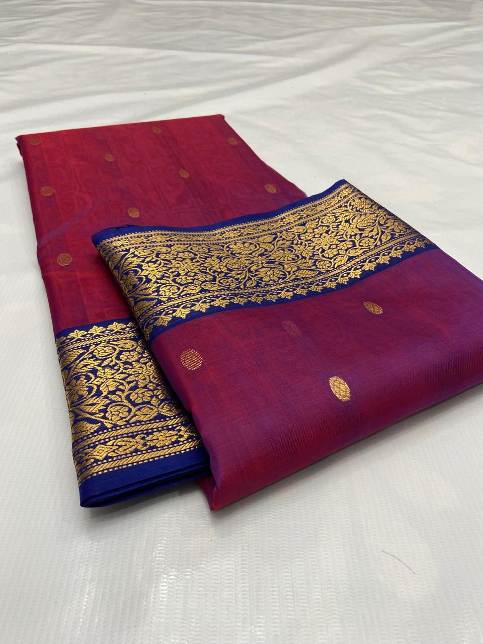 Handwoven Gold Magenta with Royal Blue and Gold Paisley Border Organza Chanderi Katan Silk Saree - Authentic Chanderi silk sarees Chanderi Saree - View 3