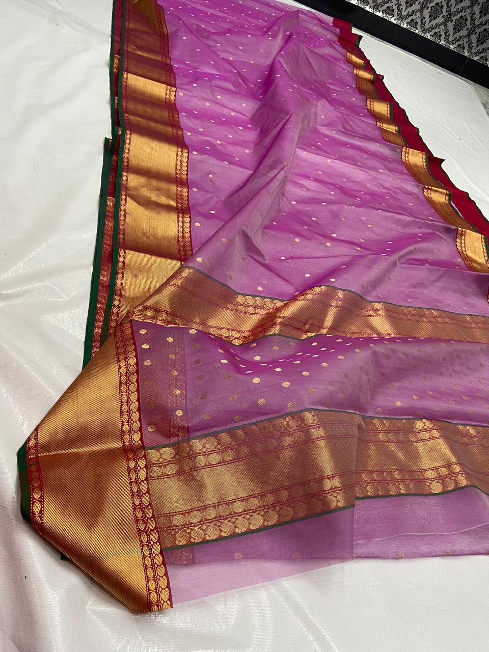 Handwoven Gold Orchid Pink with Gold Zari Buti Organza Chanderi Katan Silk Saree - Authentic Chanderi silk sarees Chanderi Saree - View 1