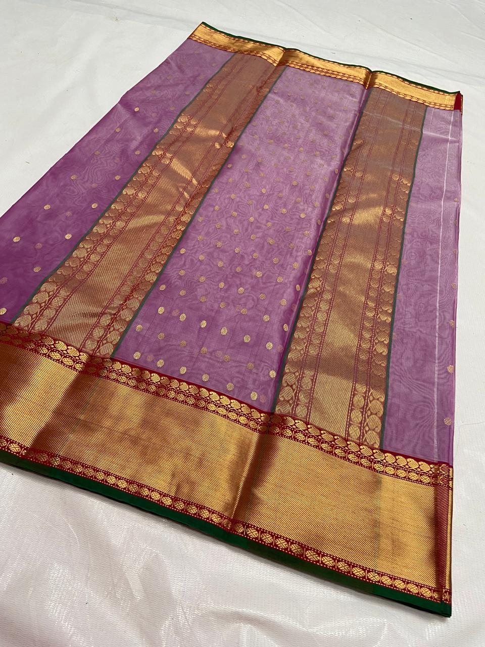 Handwoven Gold Orchid Pink with Gold Zari Buti Organza Chanderi Katan Silk Saree - Authentic Chanderi silk sarees Chanderi Saree - View 2