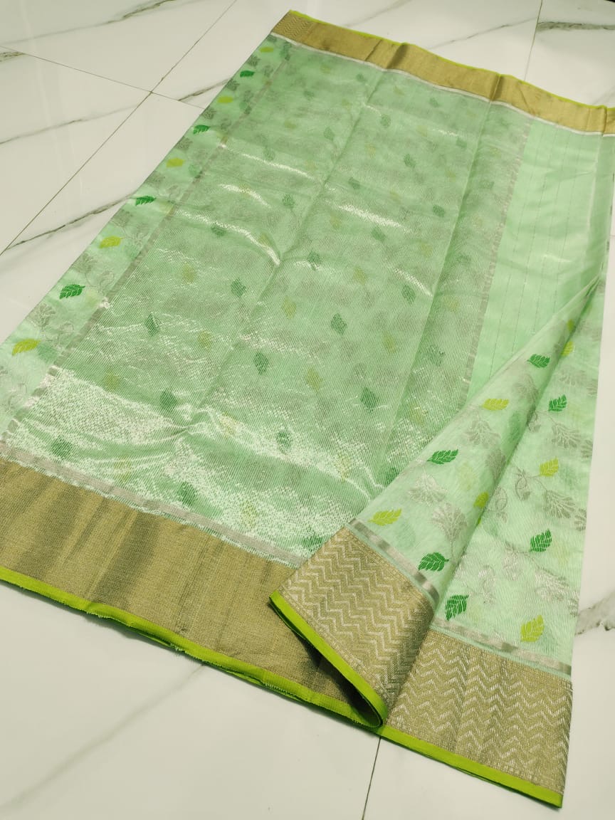 Handwoven Gold Pastel Mint Green with All Over leaf and Golden Zari Border Chanderi Pattu Silk Saree - Authentic Chanderi silk sarees Chanderi Saree - View 2