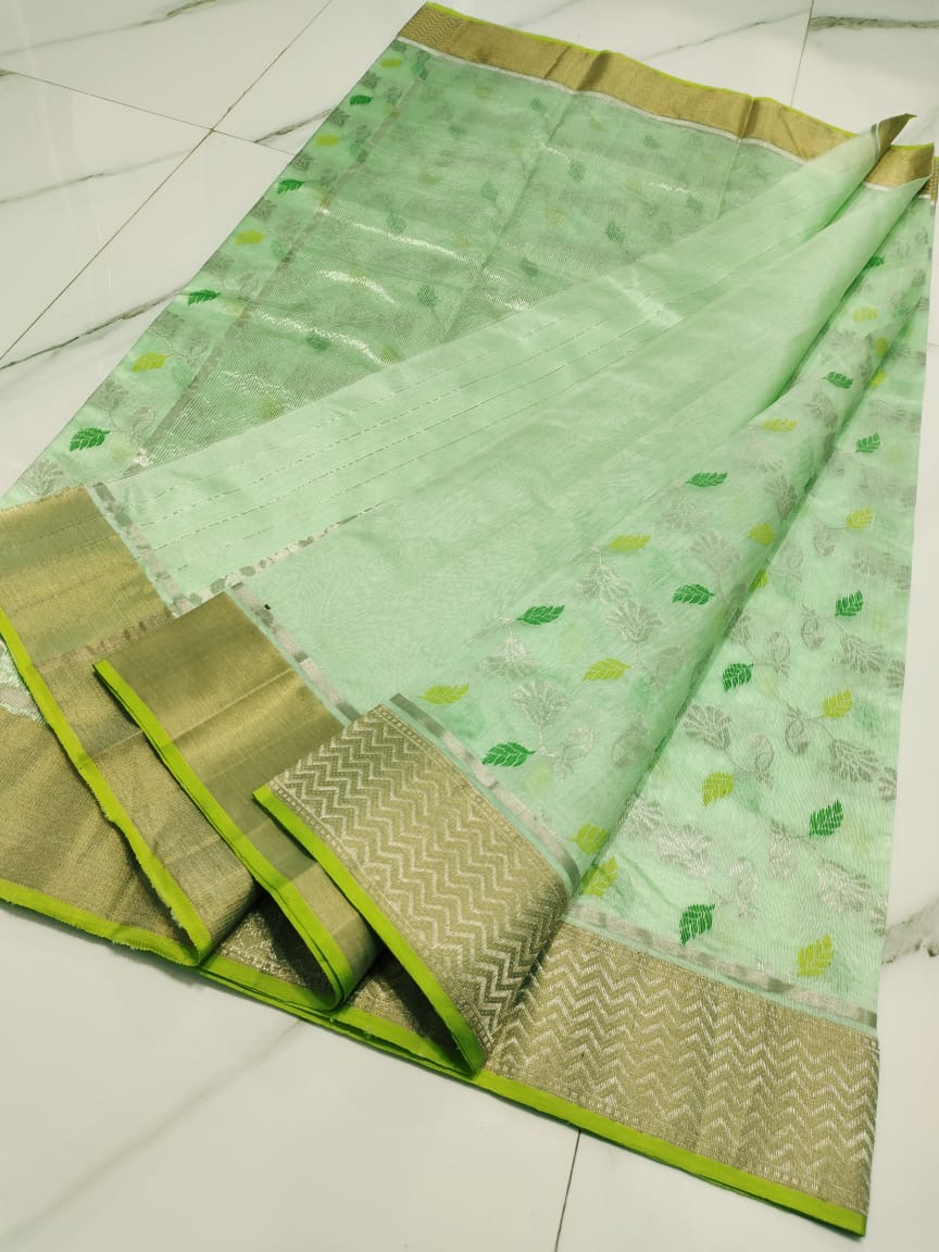 Handwoven Gold Pastel Mint Green with All Over leaf and Golden Zari Border Chanderi Pattu Silk Saree - Authentic Chanderi silk sarees Chanderi Saree - View 3