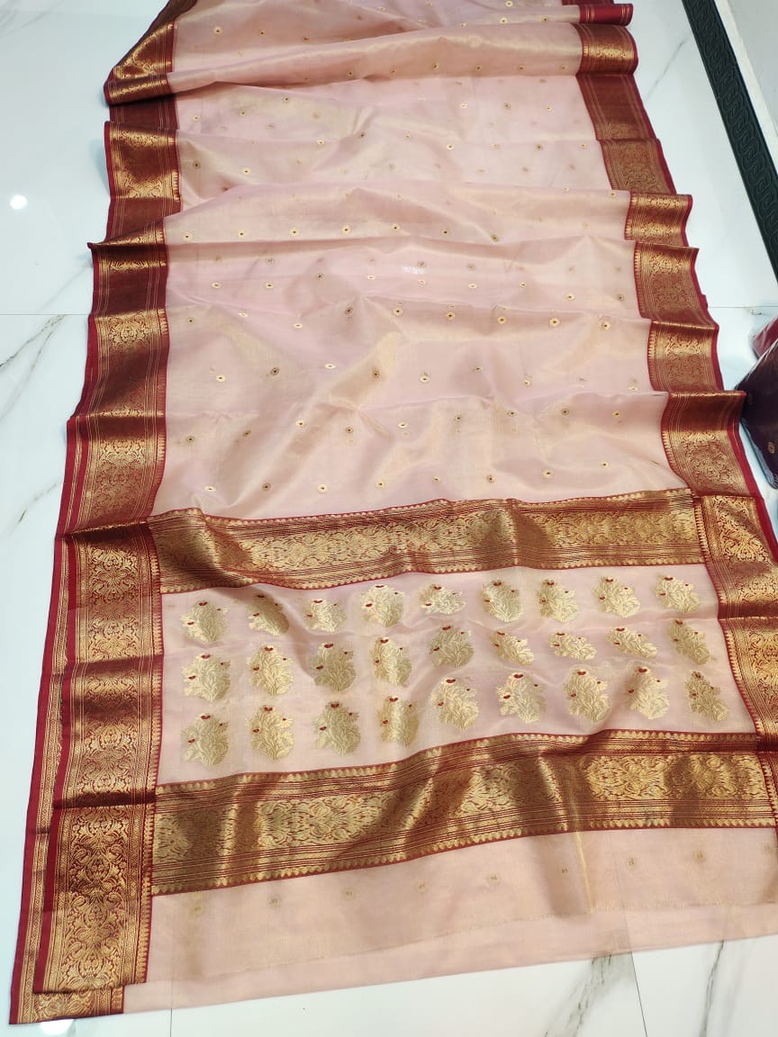 Handwoven Maroon Peach with Maroon Zari Border and Butti Work Chanderi Silk Tissue Saree - Authentic Tissue Chanderi Saree - View 1