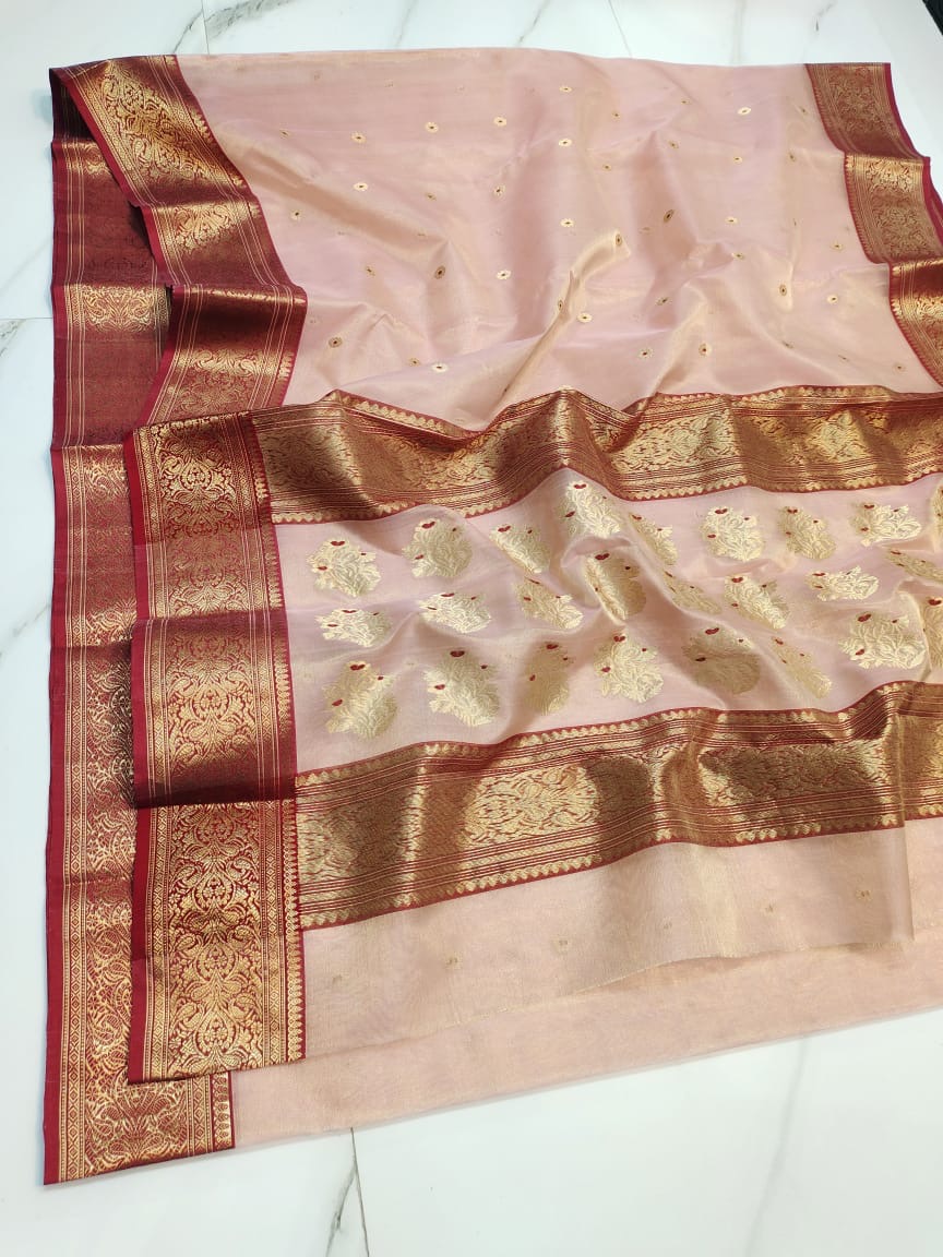 Handwoven Maroon Peach with Maroon Zari Border and Butti Work Chanderi Silk Tissue Saree - Authentic Tissue Chanderi Saree - View 2