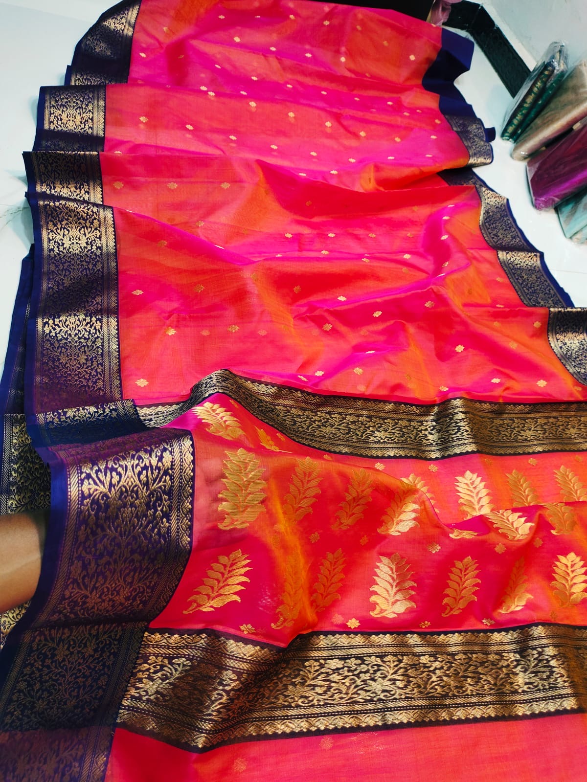 Rani Pink Silk Blend with Navy Blue and Gold Zari Border Organza Chanderi Katan Silk Saree - Handloom Chanderi Saree