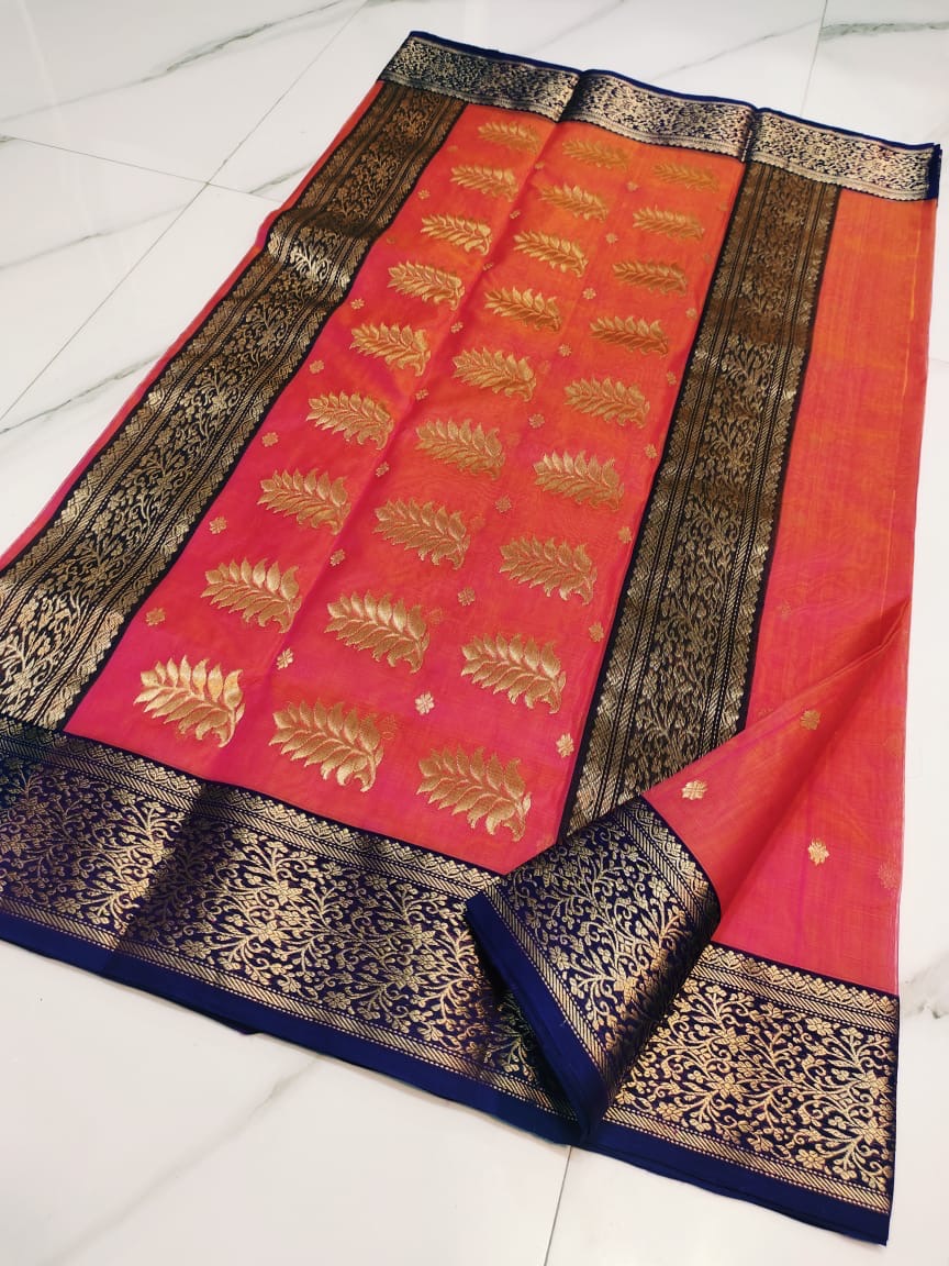 Handwoven Gold Rani Pink Silk Blend with Navy Blue and Gold Zari Border Organza Chanderi Katan Silk Saree - Authentic Chanderi silk sarees Chanderi Saree - View 2