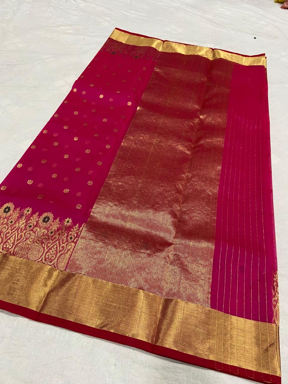 Handwoven Gold Regal Rani Pink with Gold Zari Buti and border Organza Chanderi Katan Silk Saree - Authentic Chanderi silk sarees Chanderi Saree - View 2