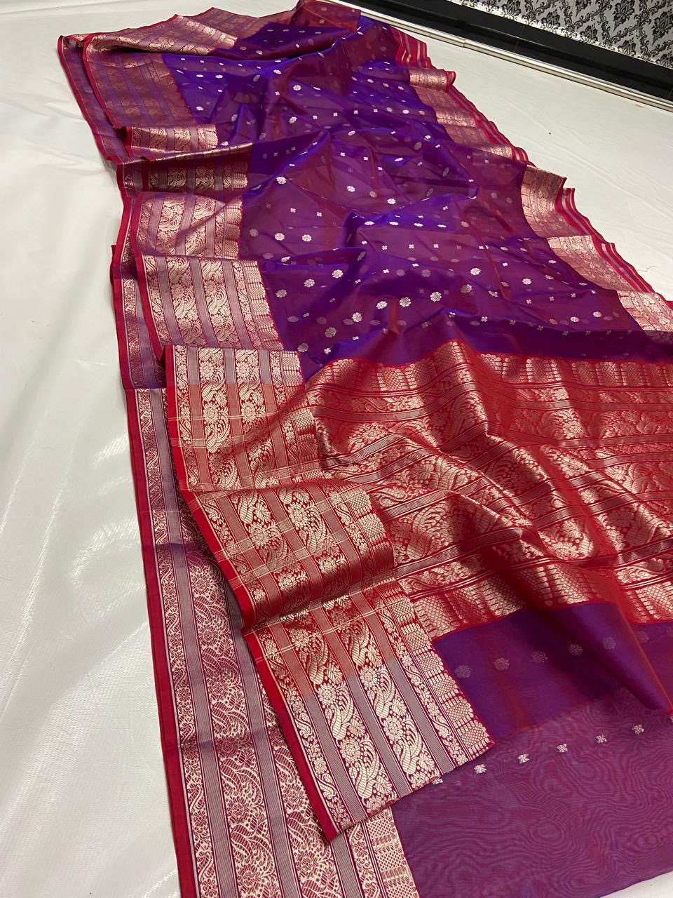 Handwoven Purple Royal Deep Purple with Grand Red and Gold Zari Border Organza Chanderi Katan Silk Saree - Authentic Chanderi silk sarees Chanderi Saree - View 1