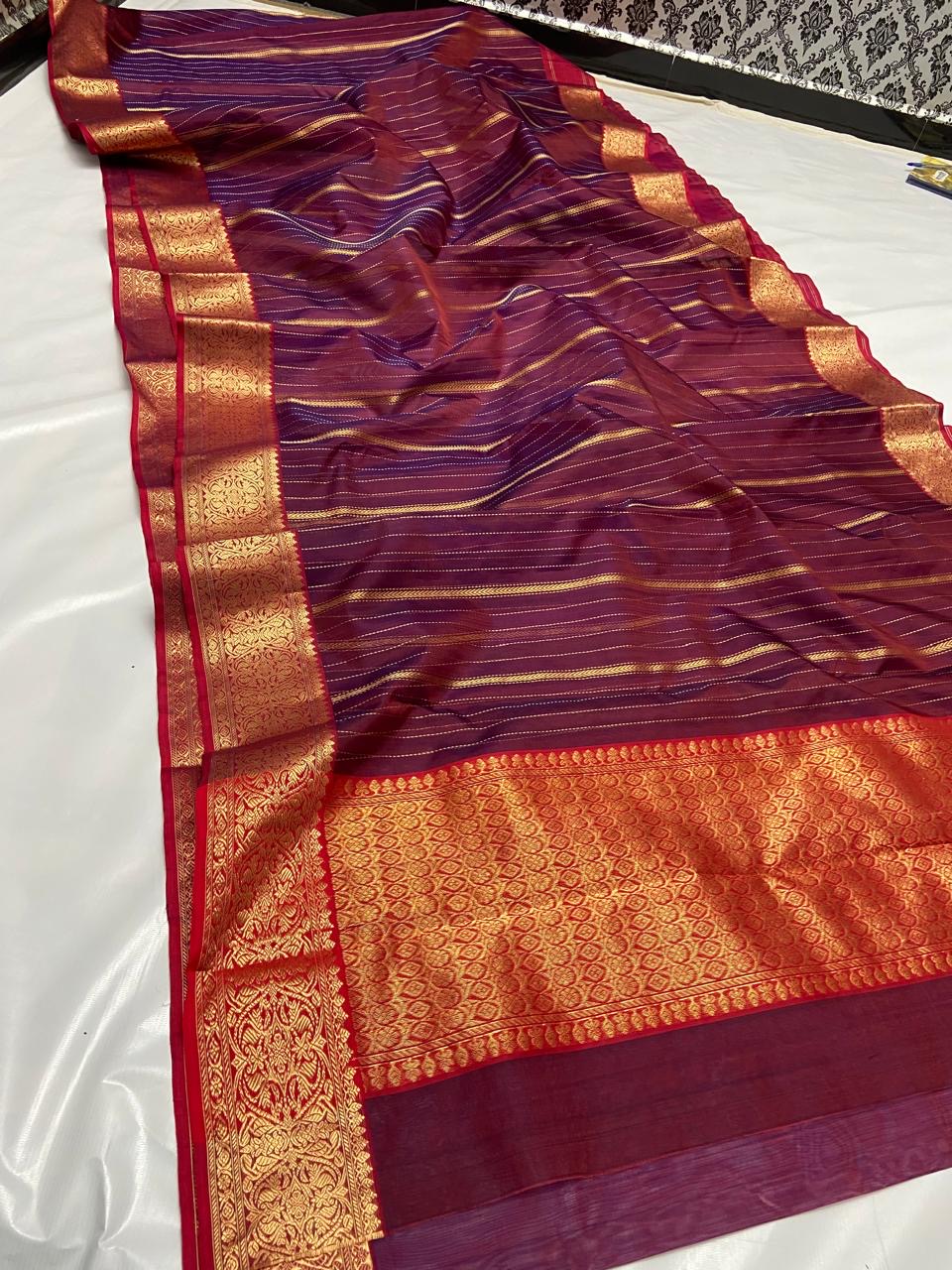 Handwoven Maroon Royal Deep Wine and Maroon with Antique Gold Zari Border and Pallu organza Chanderi Katan Silk Saree - Authentic Chanderi silk sarees Chanderi Saree