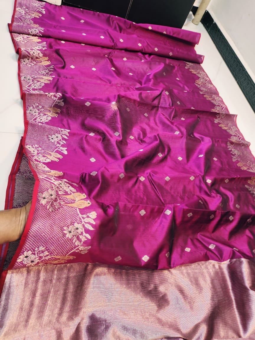 Handwoven Silver Royal Magenta with Artistic Silver Zari Birds on branch Border Chanderi Pattu Silk Saree - Authentic Chanderi silk sarees Chanderi Saree
