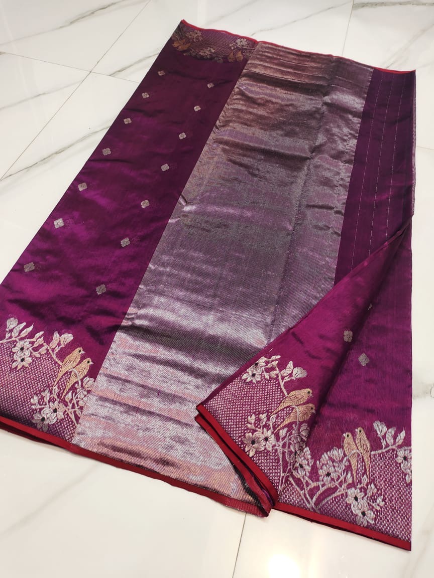 Handwoven Silver Royal Magenta with Artistic Silver Zari Birds on branch Border Chanderi Pattu Silk Saree - Authentic Chanderi silk sarees Chanderi Saree - View 3
