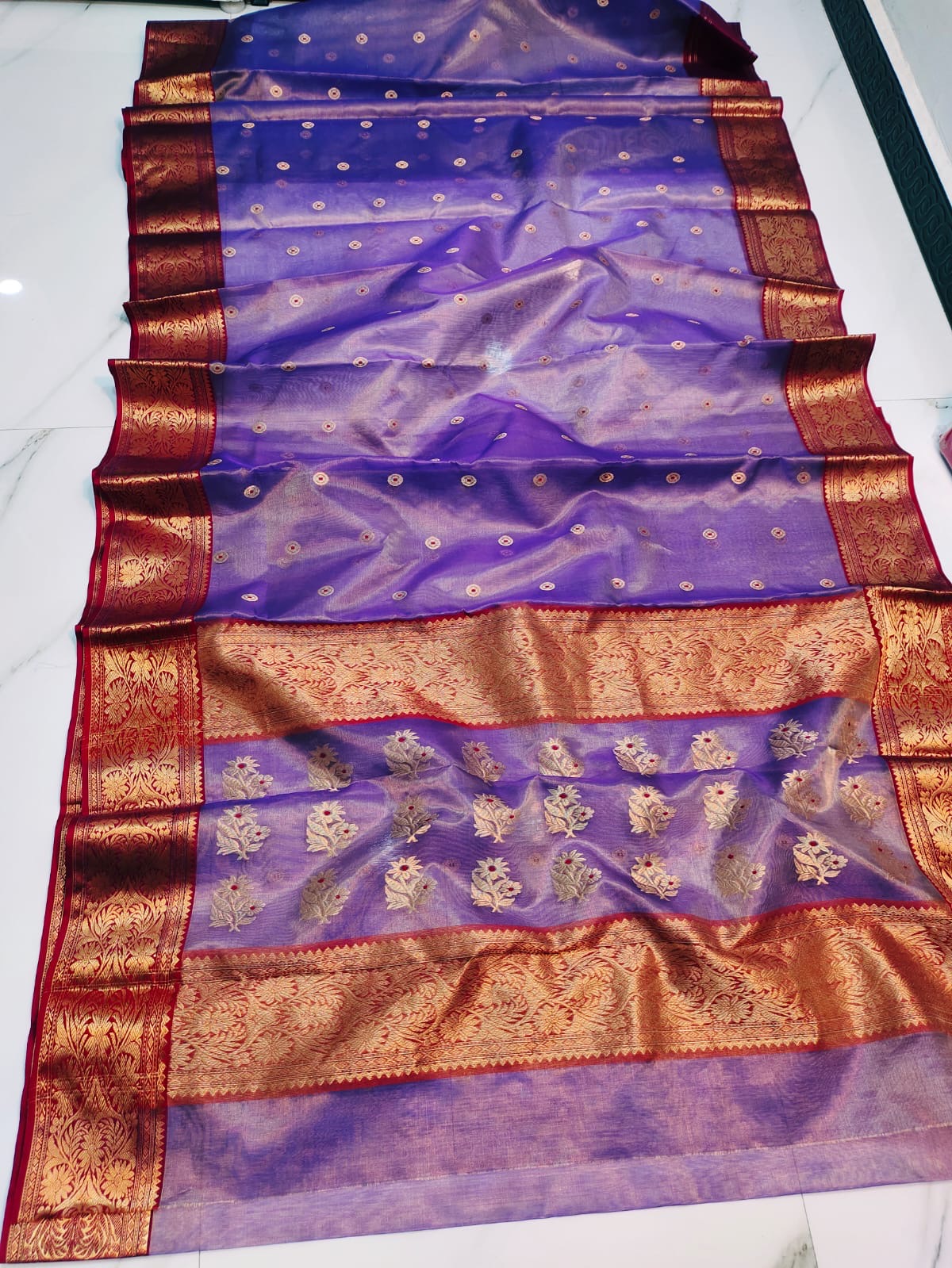 Royal Purple with Gold Zari Border and Floral Butti Work Chanderi Silk Tissue Saree