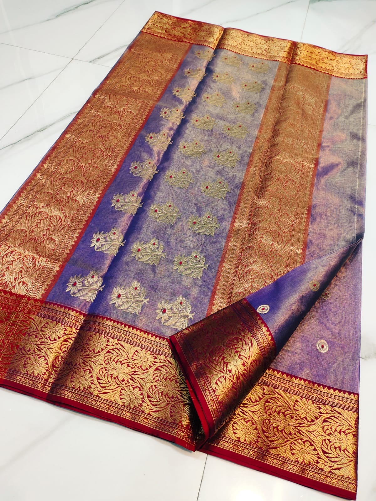 Handwoven Purple Royal Purple with Gold Zari Border and Floral Butti Work Chanderi Silk Tissue Saree - Authentic Tissue Chanderi Saree - View 3