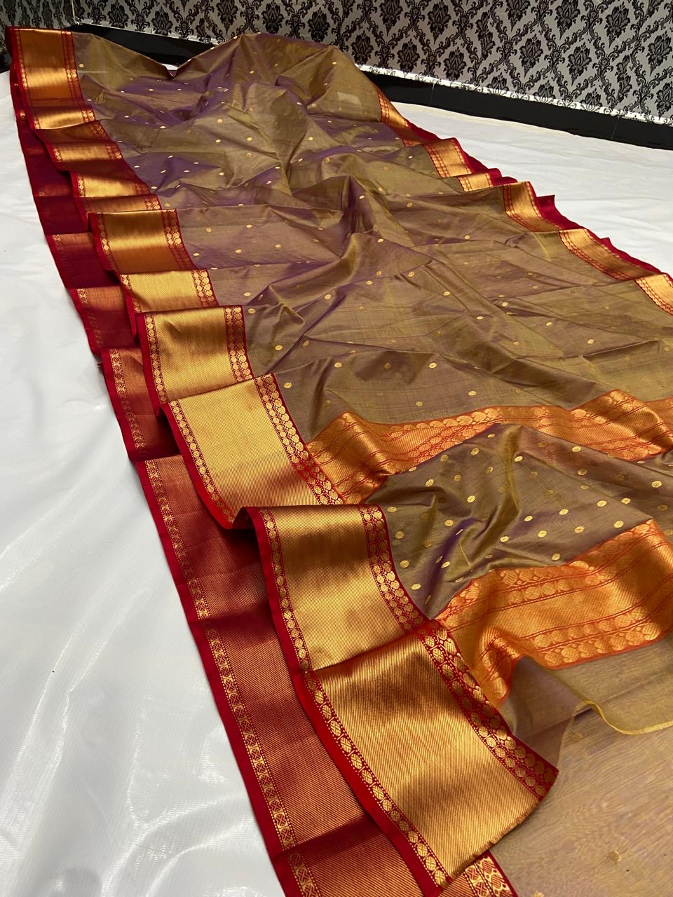 Smoky mauve with red and gold zari border Organza Chanderi Katan Silk Saree - Handloom Chanderi Saree
