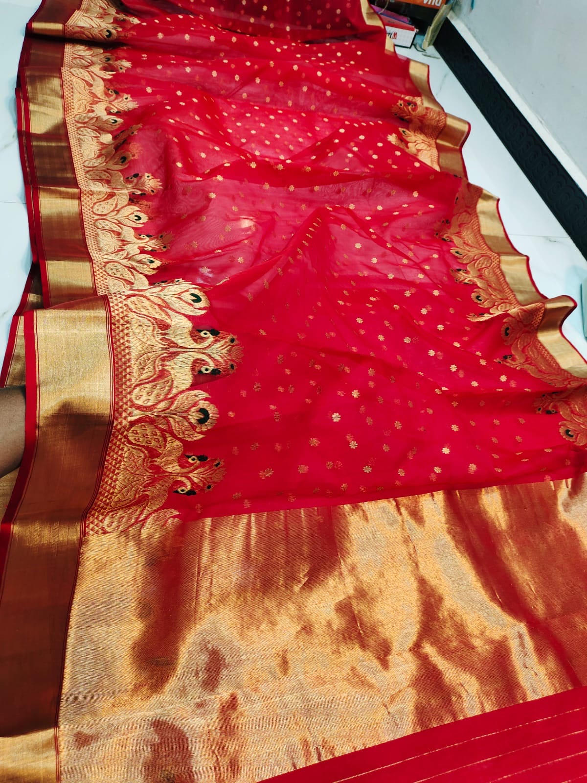 Handwoven Red Vermilion Red with Peacock Meenakari Border Organza Chanderi Katan Silk Saree - Authentic Chanderi silk sarees Chanderi Saree