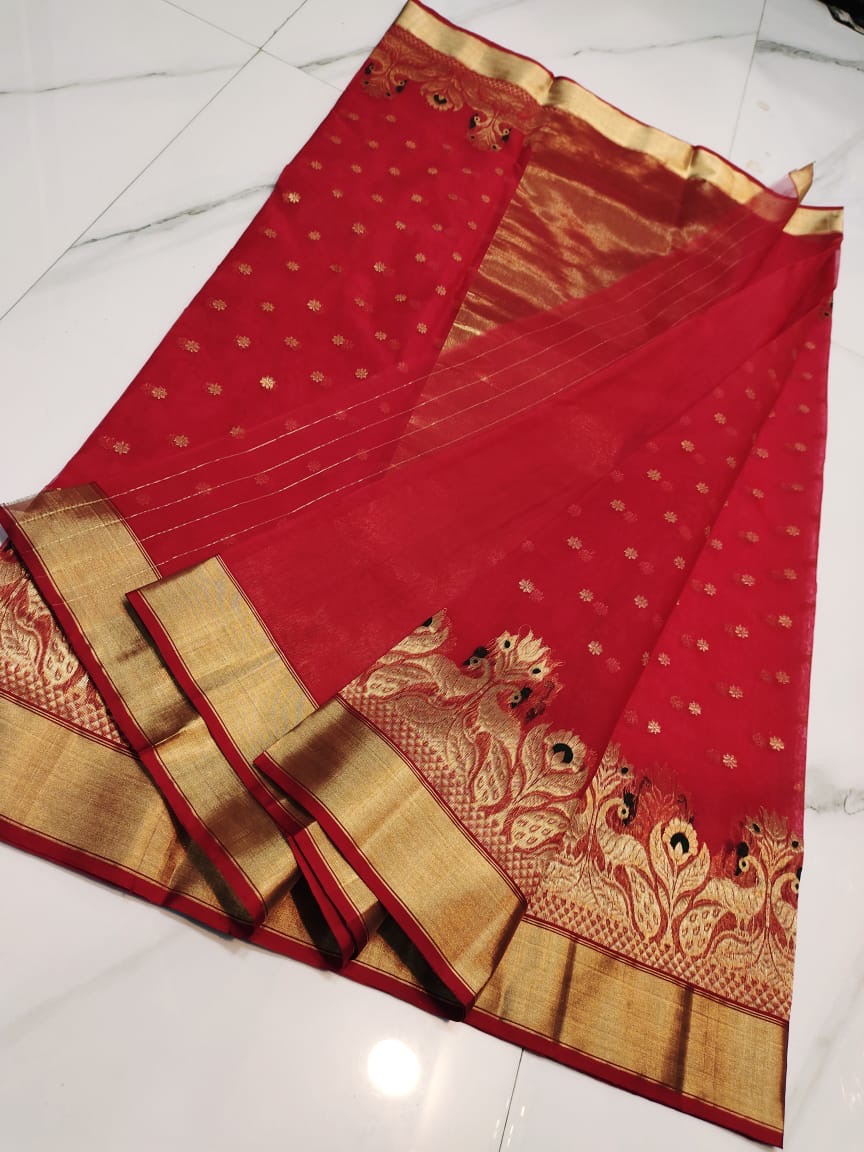 Handwoven Red Vermilion Red with Peacock Meenakari Border Organza Chanderi Katan Silk Saree - Authentic Chanderi silk sarees Chanderi Saree - View 2