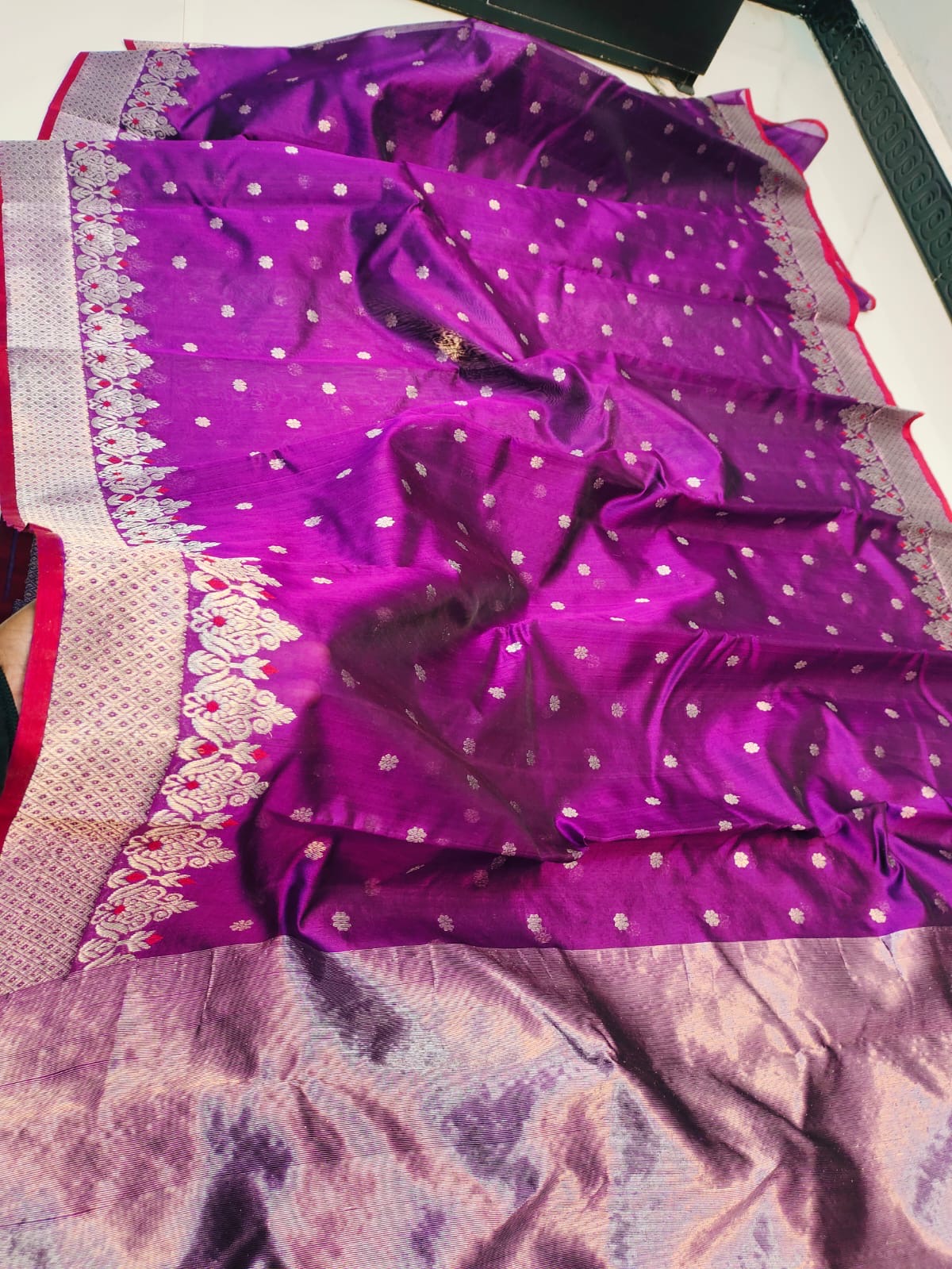 Handwoven Silver Vibrant Magenta with Silver Border and motifs Chanderi Pattu Silk Saree - Authentic Chanderi silk sarees Chanderi Saree - View 1