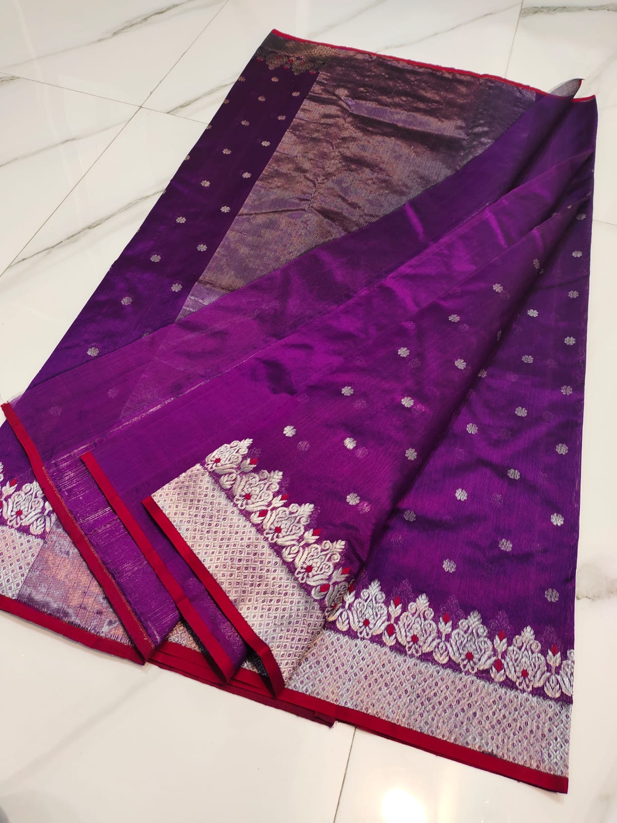 Handwoven Silver Vibrant Magenta with Silver Border and motifs Chanderi Pattu Silk Saree - Authentic Chanderi silk sarees Chanderi Saree - View 2