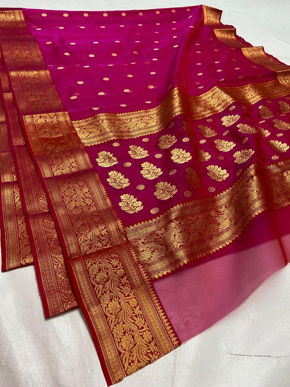 Vibrant Rani Pink with Heavy Gold Zari Border Organza Chanderi Katan Silk Saree - Handloom Chanderi Saree