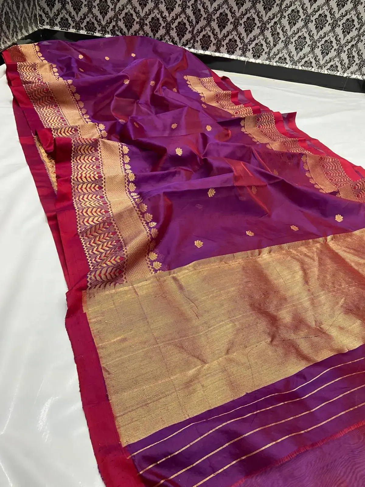 Amethyst Bloom with Delicate Leaf Buttis and Chevron Zari Pattu Silk
