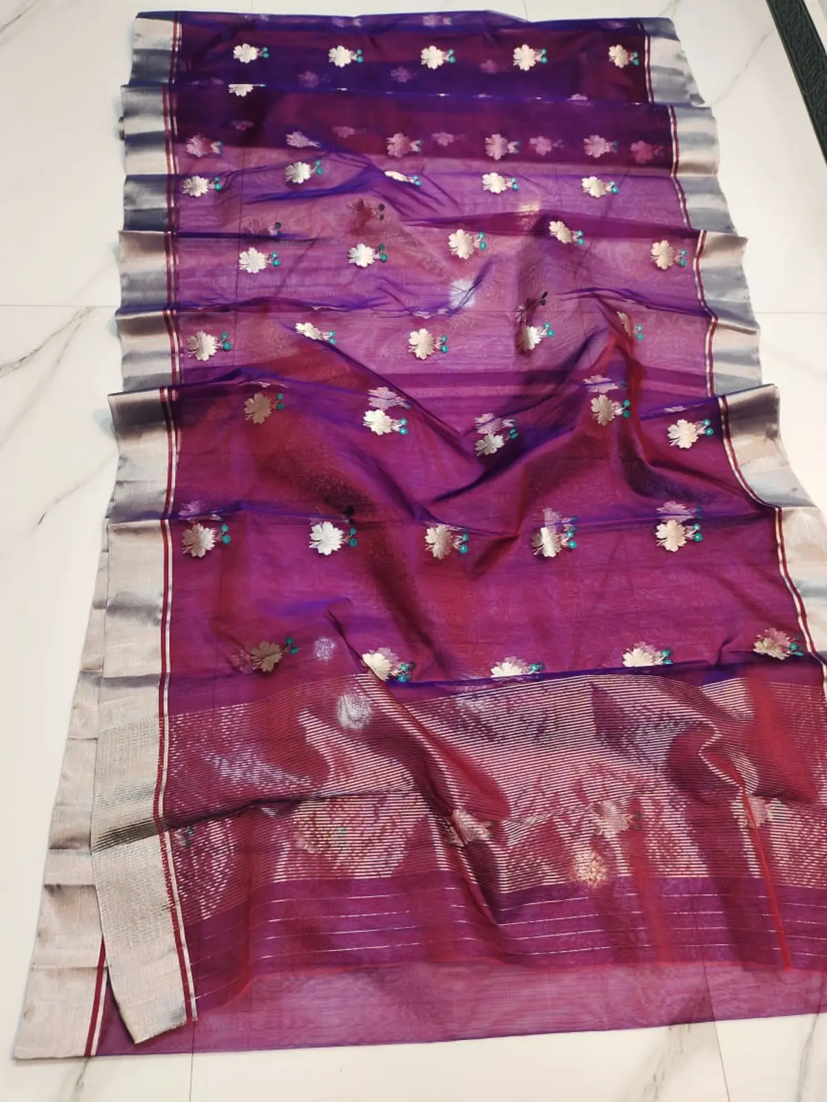 Handwoven Amethyst Purple & Silver Amethyst Bloom with Silver Floral Motifs Kataan Silk - Authentic Chanderi Silk Saree Chanderi Saree - View 2