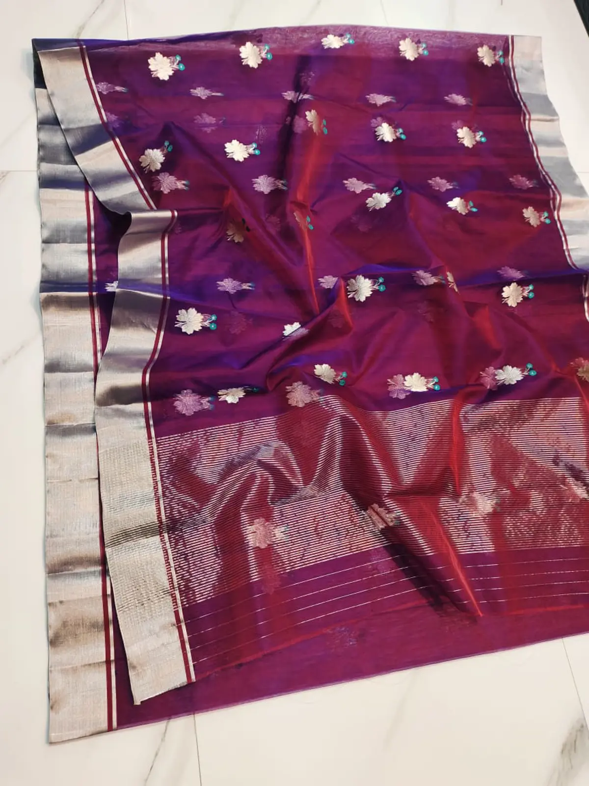 Handwoven Amethyst Purple & Silver Amethyst Bloom with Silver Floral Motifs Kataan Silk - Authentic Chanderi Silk Saree Chanderi Saree - View 3
