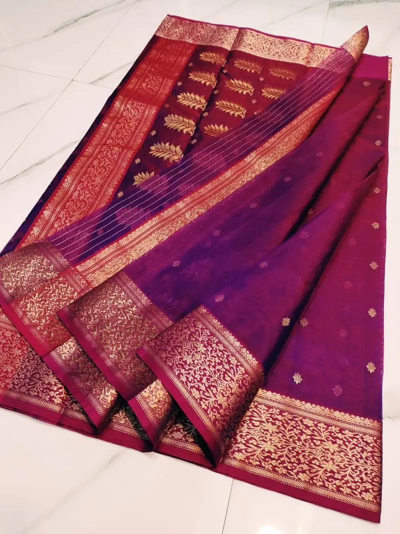 Amethyst Purple with Ruby Red and Antique Gold Zari Kataan Silk