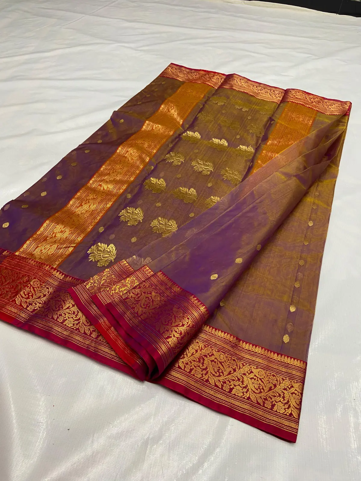 Handwoven Amethyst & Golden Amethyst Radiance with Golden Booti Kataan Silk - Authentic Chanderi Silk Saree Chanderi Saree - View 3