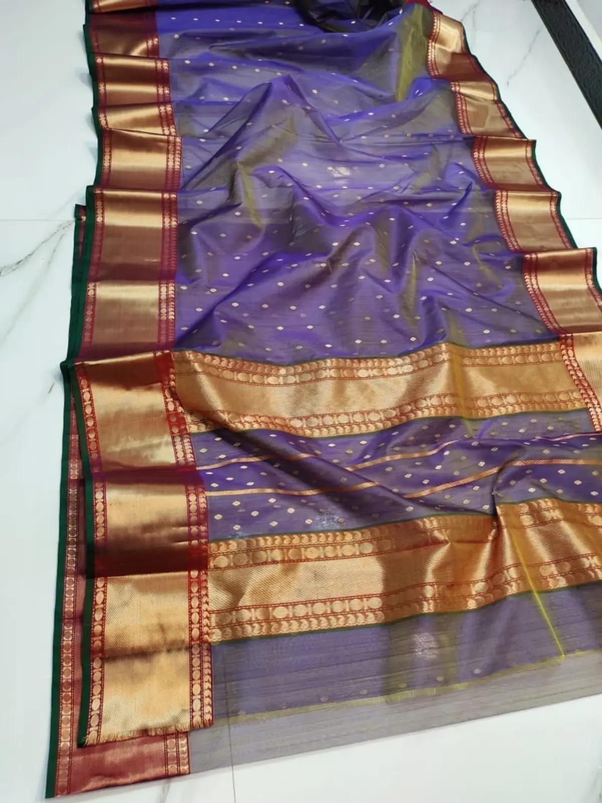 Handwoven Amethyst Violet with Antique Gold, Deep Garnet, and Forest Green Accents Amethyst Violet with Antique Gold, Deep Garnet, and Forest Green Accents Kataan Silk Saree - Authentic Chanderi Silk Saree Chanderi Saree - View 1